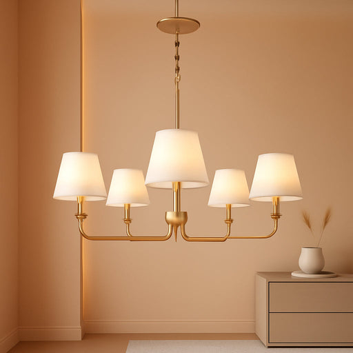 5-Light Brass Gold Dining Room Light Fixture with White Fabric Shade, 29.52In Farmhouse Chandelier Modern Antique Linear Pendant Island Light Fixture for Bedroom Foyer Cottage Kitchen over Table