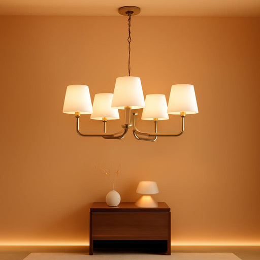 5-Light Brass Gold Dining Room Light Fixture with White Fabric Shade, 29.52In Farmhouse Chandelier Modern Antique Linear Pendant Island Light Fixture for Bedroom Foyer Cottage Kitchen over Table