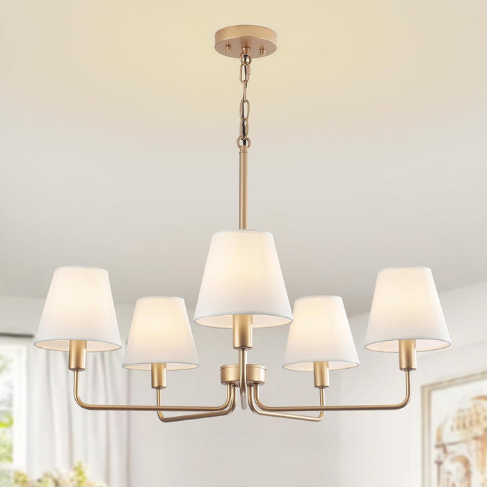 5-Light Brass Gold Dining Room Light Fixture with White Fabric Shade, 29.52In Farmhouse Chandelier Modern Antique Linear Pendant Island Light Fixture for Bedroom Foyer Cottage Kitchen over Table