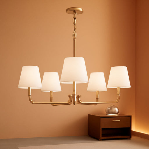 5-Light Brass Gold Dining Room Light Fixture with White Fabric Shade, 29.52In Farmhouse Chandelier Modern Antique Linear Pendant Island Light Fixture for Bedroom Foyer Cottage Kitchen over Table