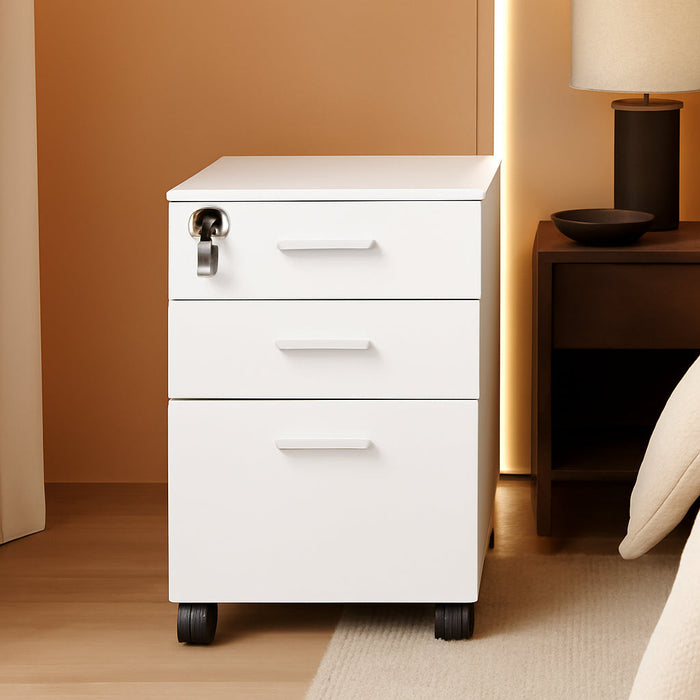 3 Drawer Mobile File Cabinet, Rolling Vertical Filing Cabinet Fits A4, Legal Paper and Letter Paper for Home Office, White with Lock
