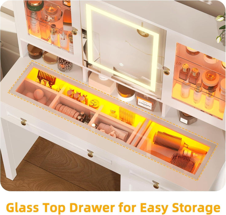 White Makeup Vanity Desk with LED Mirror and RGB Lights and Power Outlet, Morden Glass Top Vanity Table with Drawer & Storage Cabinet & Adjustable Shelves, Large Dressing Table for Bedroom