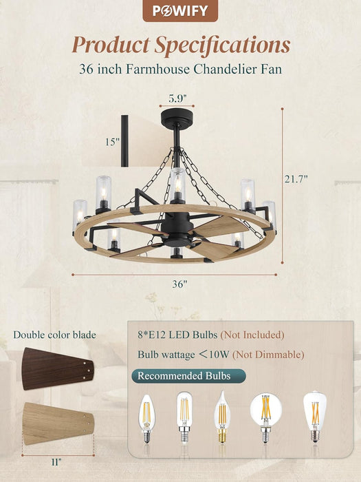 Powrify 36 Inch Industrial Farmhouse CeilingFan Light