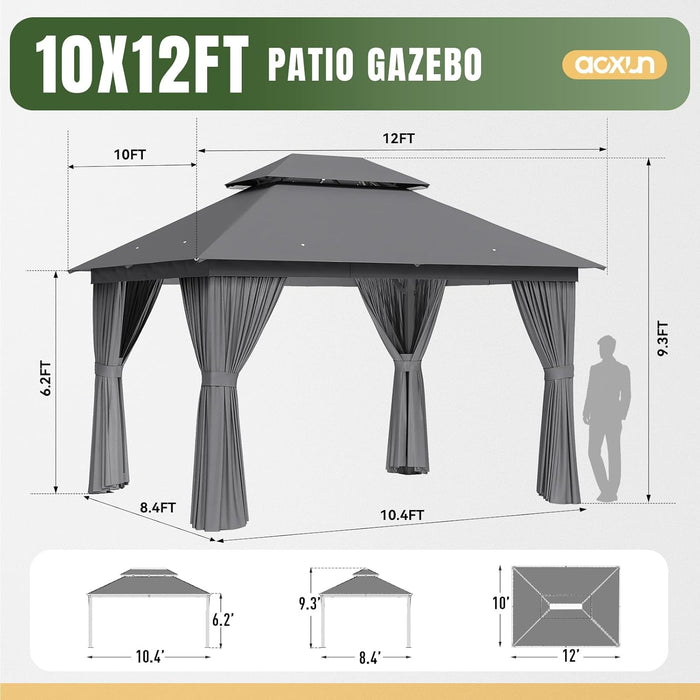Outdoor Gazebo for Patio 10X12, Metal Frame Canopy with Double Roofs, Heavy Duty Party Tent and Shelter with Mosquito Netting and Privacy Screen for Backyard, Lawn, Garden, Deck
