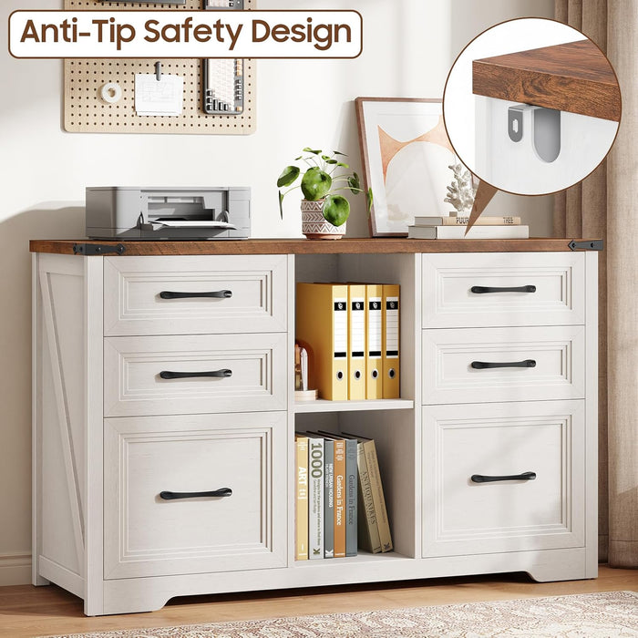 Farmhouse Lateral File Cabinet with 6 Drawers, Rustic White