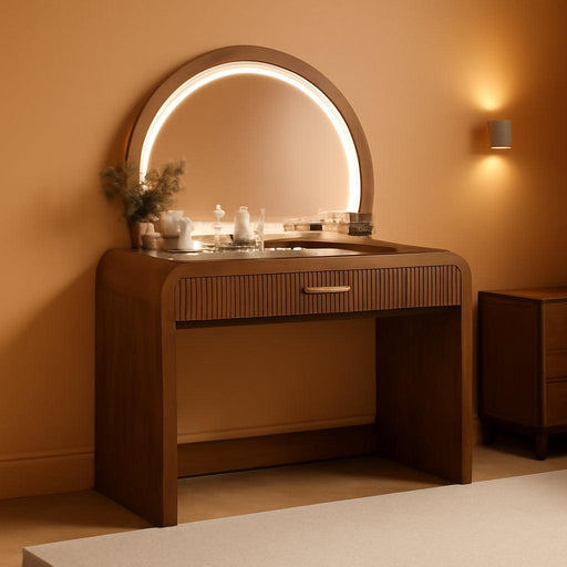 39" Make up Vanity Desk with Touch Screen Lighted Mirror and Storage Drawer, Rubber Wood Girls Makeup Dresser Table for Bedroom, Dressing Room