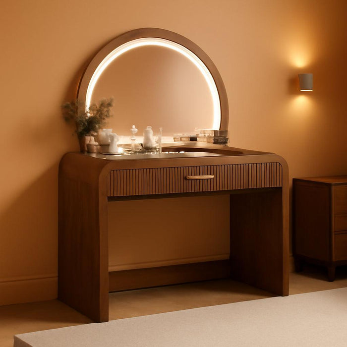 39" Make up Vanity Desk with Touch Screen Lighted Mirror and Storage Drawer, Rubber Wood Girls Makeup Dresser Table for Bedroom, Dressing Room