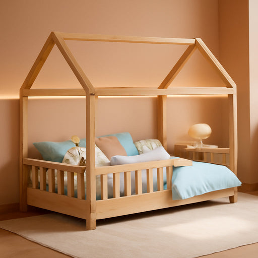 Twin Size NaturalWood PlayhouseStyle Bed Guardrails