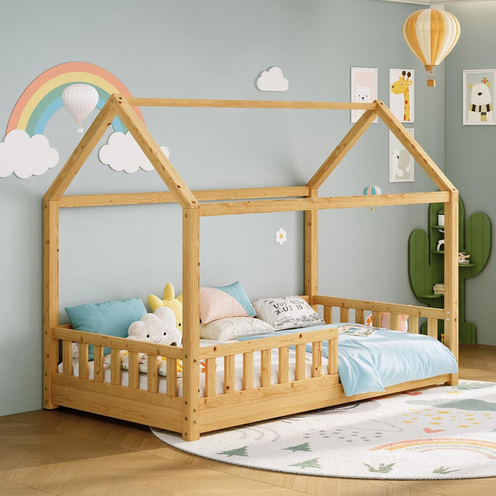 Twin Size NaturalWood PlayhouseStyle Bed Guardrails