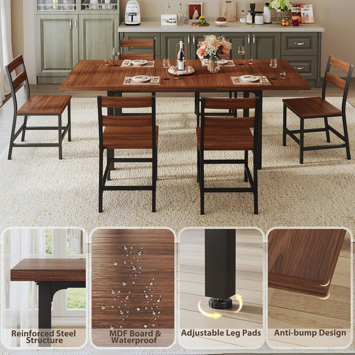 7-Piece Dining Table Set for 4-6, 63" Large Extendable Kitchen Table Set with 6 Chairs, Curved Backrest, Dining Room Table with Solid Metal Frame & MDF Board, Easy Assembly, Walnut