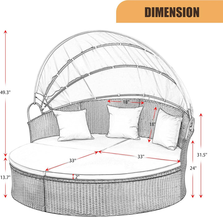 Patio Furniture round Outdoor Daybed with Retractable Canopy Wicker Rattan Sectional Sofa for Lawn Garden Backyard Pool, Beige