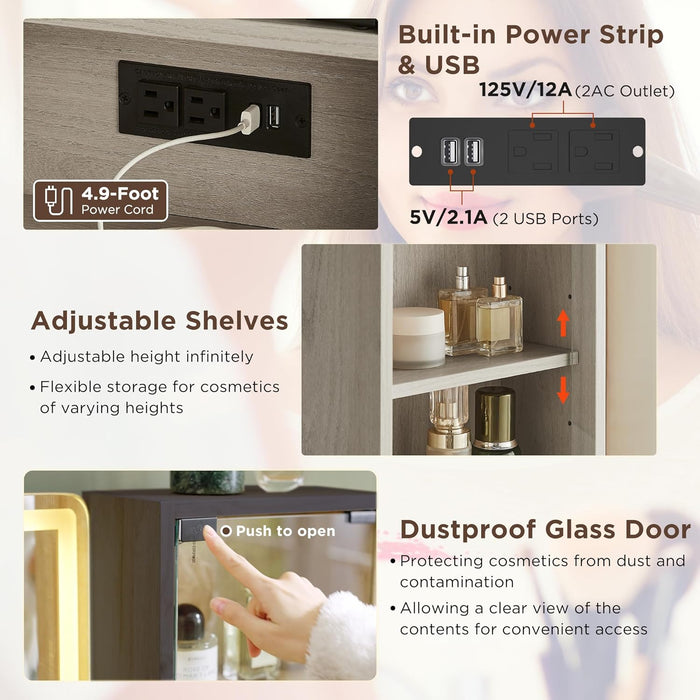 48" Fluted Makeup Vanity Desk with Large 36" Mirror and Lights, Modern Glass Top Big Vanity Table W/5 Drawers & Adjustable Shelves, Dressing Table W/Charging Station for Bedroom, White Alder