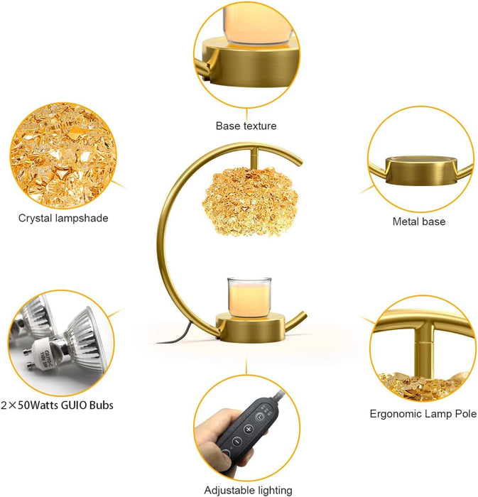 Bronze Candle Warmer Lamp for Jar Candles with Adjustable Brightness＆Timer，Handcrafted Crystal＆Wooden Base,Candle Lamp Luxurious Design+2Bulbs,Home Decoration Electric Candle Lamp(C-Shaped)