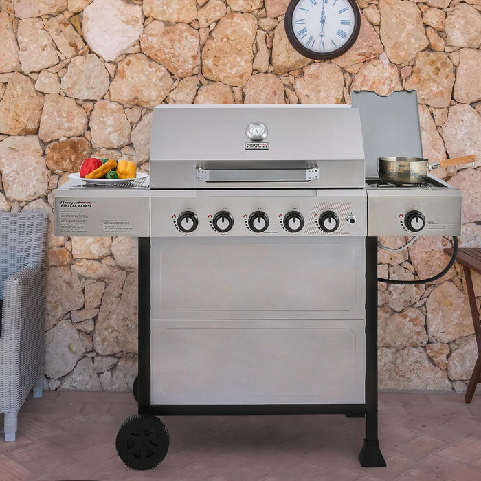 GA5401T 5-Burner BBQ Liquid Propane Gas Grill with Side Burner, Stainless Steel 61,000 BTU Output for Patio Garden Picnic Backyard Cooking, Silver