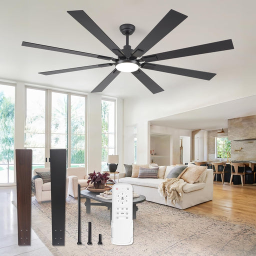 72 Inch Large Ceiling Fans with Lights and Remote, Indoor/Outdoor Black Modern Ceiling Fan for Kitchen Living Room Patio, 6 Speed Reversible Quiet DC Motor, 3 CCT, Dual Finish 8 Blades