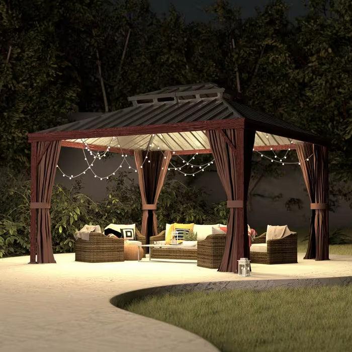 12 Ft. X 10 Ft. Wood Grain Aluminum Hardtop Gazebo Double Roof with Curtains and Netting