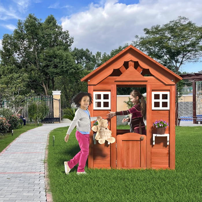 Modern Outdoor Kids Playhouse, Backyard Garden Playhouse, Fir Wood Pretend Game House Playground with 2 Windows and Flowerpot Holder, Family Fun House, Golden Red