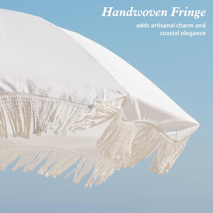 Boho Fringe Umbrella Outdoor Patio, 6.5Ft UPF50+ Picnic Umbrella with Tassels with Steel Pole and Push Button Tilt, Antique White