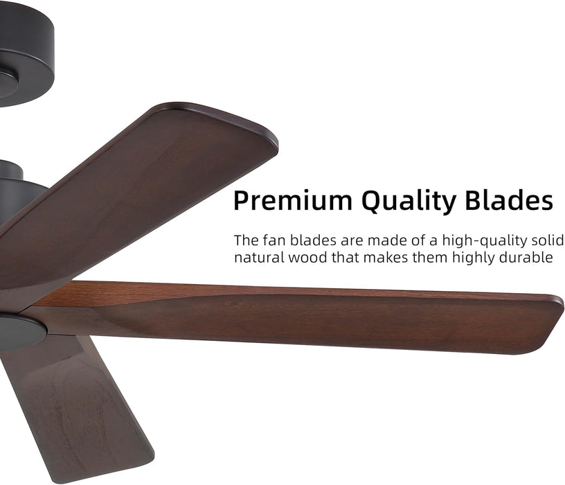 48" DC Ceiling Fan No Light - 5 Carved Solid Wood Blades, 6-Speed Reversible DC Motor, Ceiling Fan without Lights for Living Room Bedroom Kitchen Patio, Indoor and Outdoor, Black and Walnut