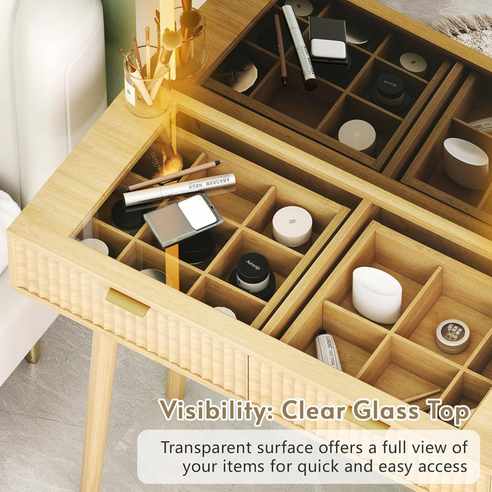 49" Wood Vanity Desk with Mirror and Lights, Boho Fluted Makeup Vanity Table with Modern Glass Top, Charging Station, 5 Drawers, 2 Cabinet with Adjustable Shelves, Salon Station, Natural Oak