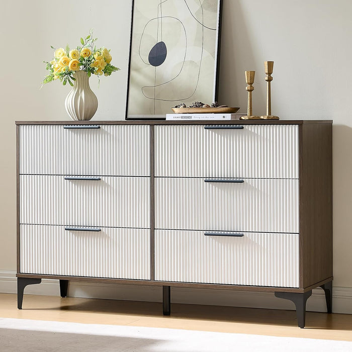 47" Wide Fluted 6 Drawer Dresser for Bedroom, Walnut/White