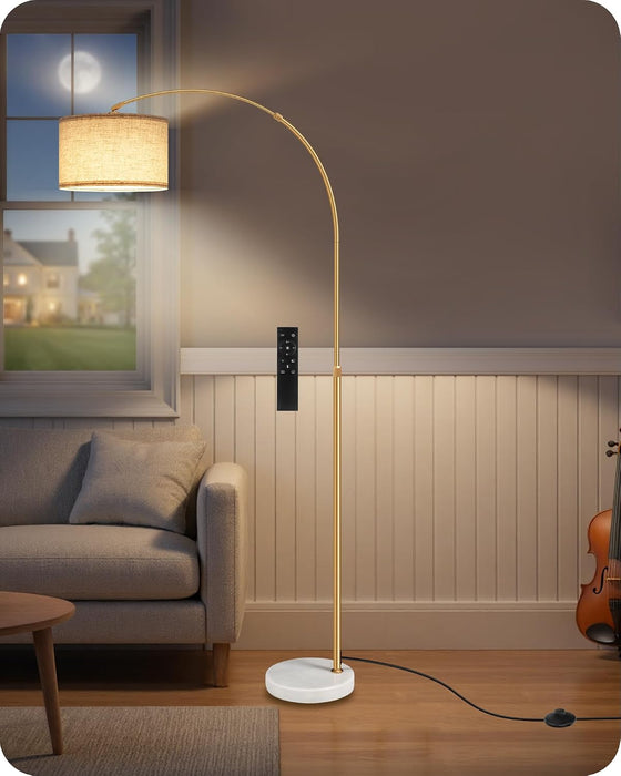 75" Dimmable Gold Arc Floor Lamp with Marble Base, Adjustable Height, Beige