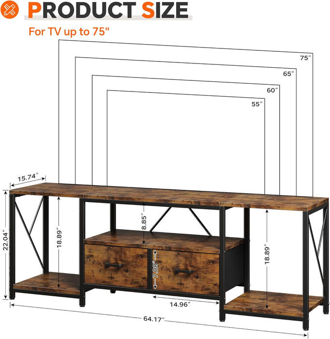 TV Stand for Tvs up to 75 Inch, Entertainment Center with Fabric Drawers, TV Media Console Table with Open Storage Shelves for Living Room, Bedroom, Rustic Brown