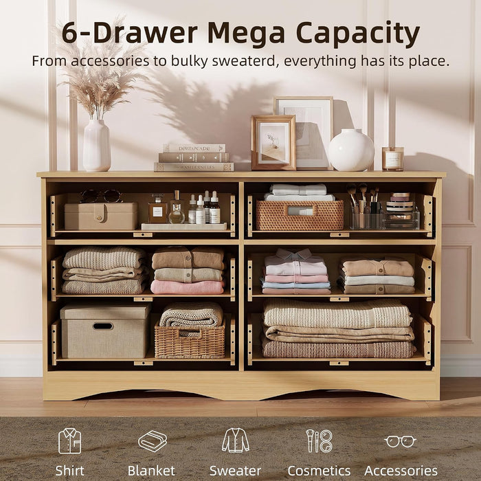 Bedroom Dresser, 47.2" Fluted Wood Dressers, 6 Drawer Dresser