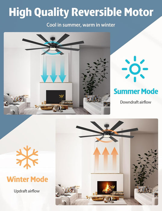 62 Inch Large Ceiling Fans with Lights and Remote - Wood/Matte Black Ceiling Fan, Quiet DC Motor, 3 CCT, Modern Dimmable LED Lighting & Large Ceiling Fans for Living Room Patio, Indoor/Outdoor