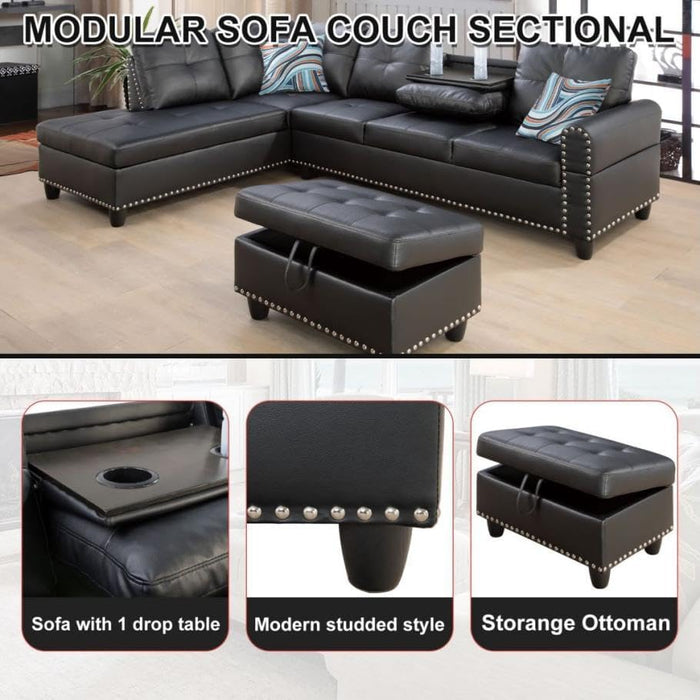 Sectional Couches for Living Room Furniture Sets,L-Shaped Couch W/Cup Holders,Faux Leather Nailhead Trim Sofas with Storage Ottoman and Chaise Lounge for Small Space Apartment-Gray