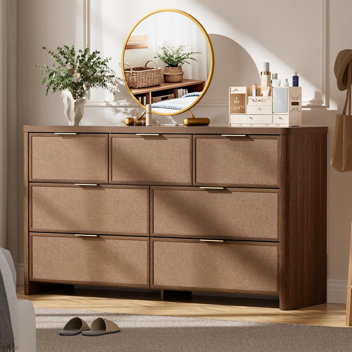 Rattan 7 Drawer Dresser for Bedroom,55" Wide,Walnut,Modern Chest of Drawers with 7 Large Storage Space and Curved Edge Design, 7 Drawer Large Dresser for Bedroom