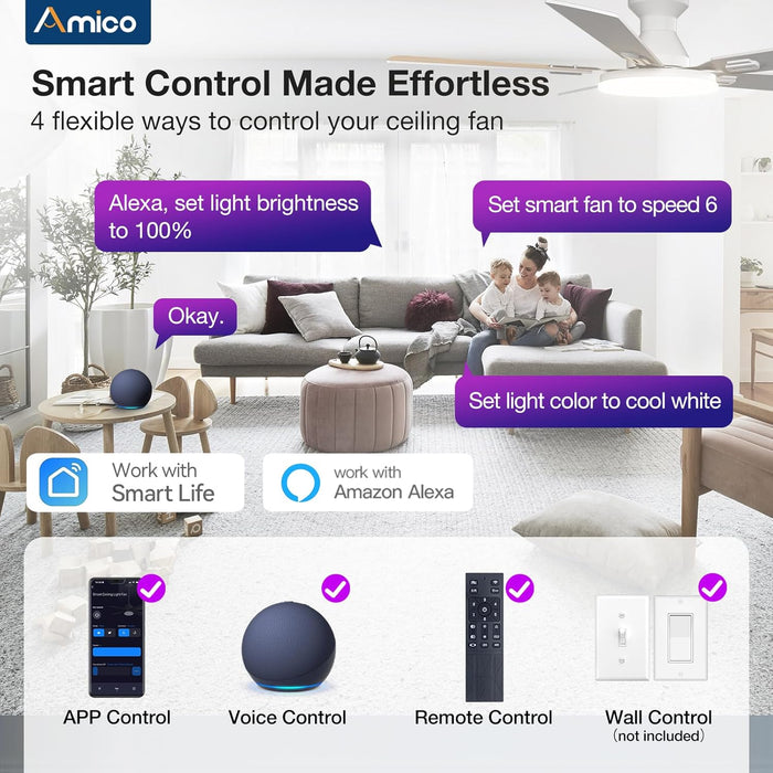 Ceiling Fans with Lights, 52'' Smart RGB Ceiling Fan with Remote/App/Alexa Control, Flush Mount, Reversible DC Motor, 5 Blades, 6 Speeds, 3CCT, Dimmable, Noiseless, Bedroom, Living Room, White