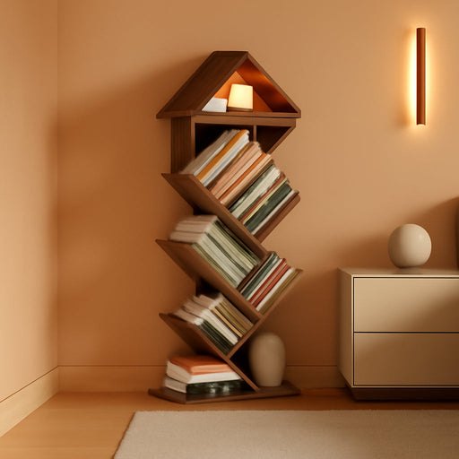 6 Tier Tree Book Shelf, Floor Standing Bookshelf for Small Space, Tall Narrow Bookcase for Storing Book/Cd/Ornament, Small Bookshelf for Bedroom, Home Office, Living Room, Corner(Walnut)
