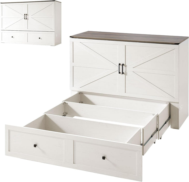 Full Murphy Bed with Storage & Charging Station, Farmhouse Murphy Cabinet with Foldable Panel, Noisy Free, for Guest Bedroom, Living Room, Office, Distressed White