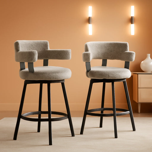 Counter Height Bar Stools with Full Back – Swivel Counter Stools Set of 2 with Linen Padded Back, Metal Footrest, Modern Barstools for Kitchen Counter, Island, Dining Room, Grey 24 Inch