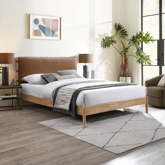 Ashercognac-Q Asher Collection Mid-Century Modern Queen Bed with Soft Cognac Vegan Leather, Solid Wood Natural Finish, 63.75" W X 85.5" D X 43.75" H, Cognac, Queen