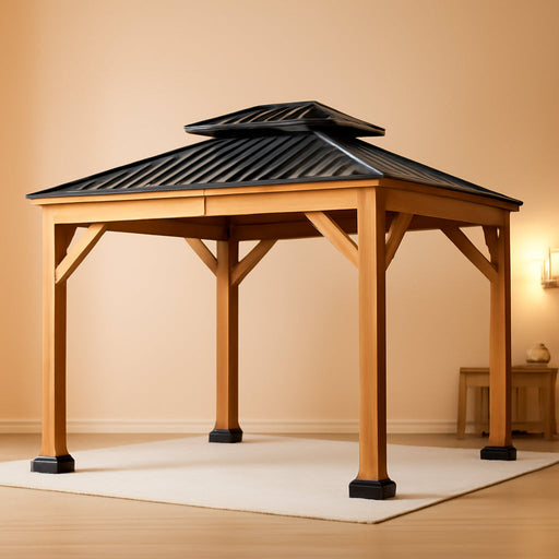 10' X 12' Outdoor Wood Gazebo, Hardtop Gazebo Permanent Wooden Pavilion with Galvanized Steel Double Roof, for Patio, Garden, Deck, Cedar Wood, Natural