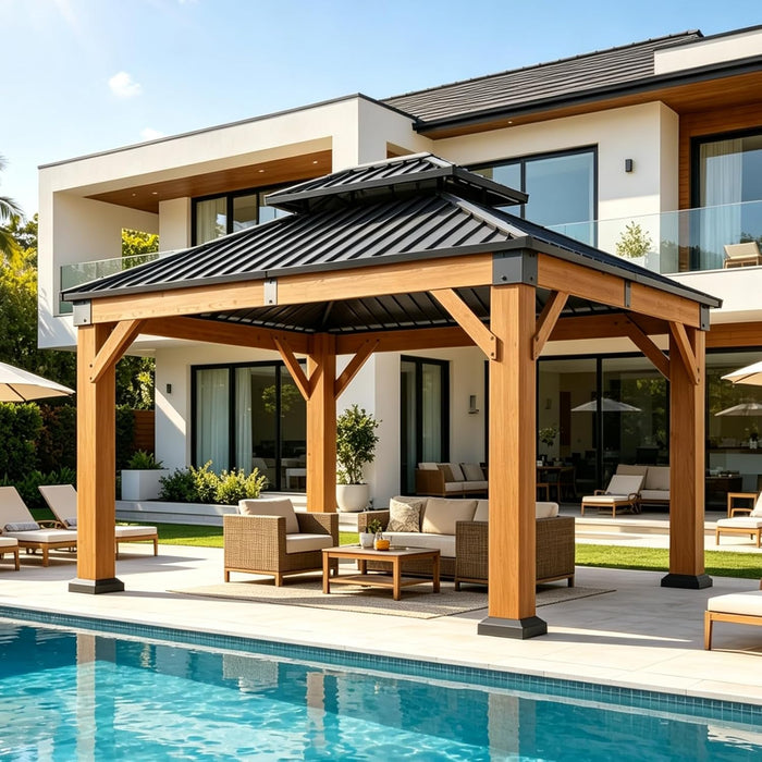 10' X 12' Outdoor Wood Gazebo, Hardtop Gazebo Permanent Wooden Pavilion with Galvanized Steel Double Roof, for Patio, Garden, Deck, Cedar Wood, Natural