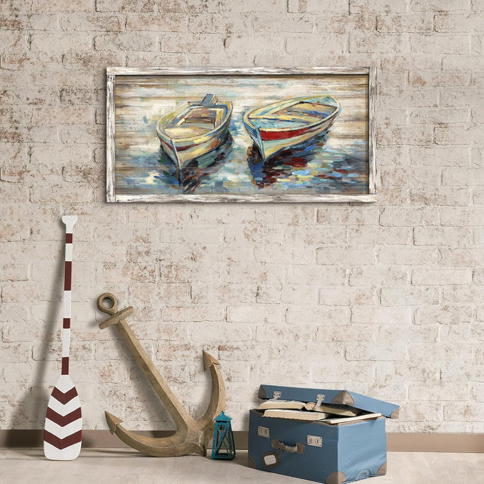 Nautical Boats Framed Wall Art: Beach Sailing Boat Painted Sea Canoe Picture Lake Painting Abstract Sail Artwork Seaside Rowboat Picture Decor for Living Room Bedroom