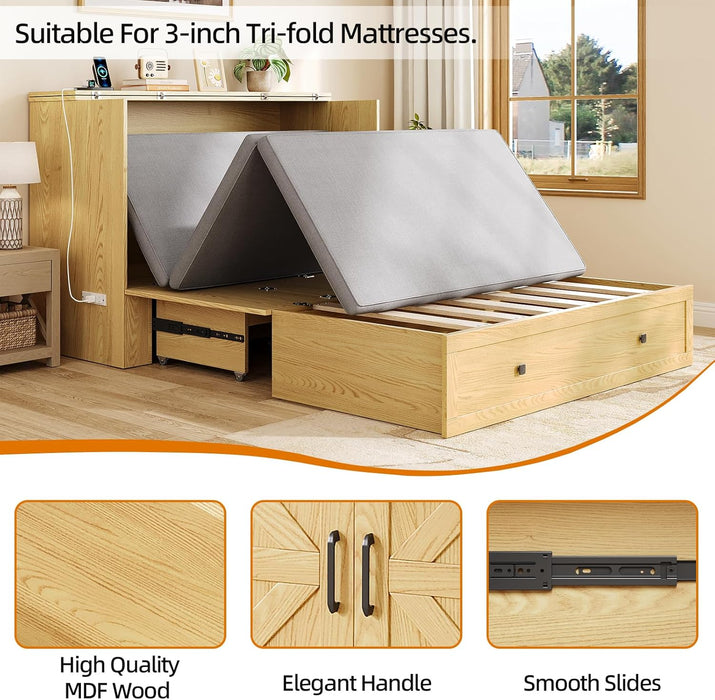 Murphy Bed Queen with Storage & Charging Station, Murphy Cabinet with Foldable Panel, Noisy Free, for Guest Bedroom, Living Room, Office, Distressed,Natural