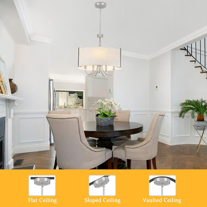 5-Light Drum Chandelier for Dining Room 18" Farmhouse Pendant Light with Linen Lampshade – Brushed Nickel Chandelier for Kitchen Island, Living Room, Bedroom, Entryway & Foyer