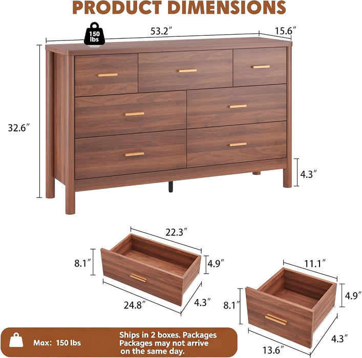 7 Drawer Dresser, Modern Wooden Storage Chest of Drawers, Walnut