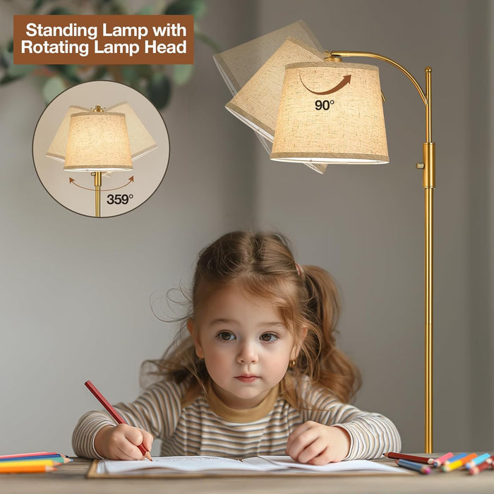 Fully Dimmable Floor Lamp for Living Room，Standing Lamp Rotary Switch with Linen Beige Shade，Golden Tall Lamps for Bedroom with Adjust Head，9W LED Bulb Included