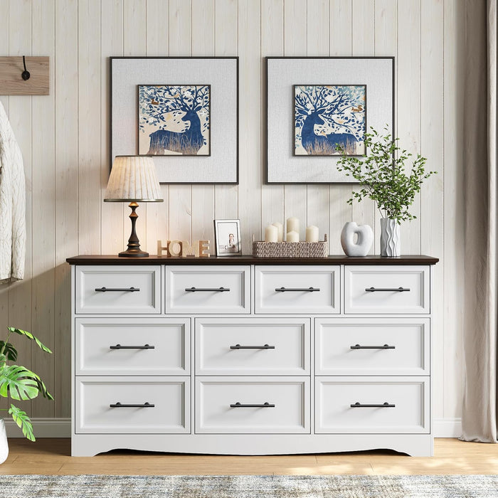 10 Drawer Dresser for Bedroom, 59" Wide Farmhouse Chest of Drawers with Brushed Metal Handle, Wood Dresser TV Stand, Closet Organizers and Storage Cabinet for Bedroom, Living Room, White