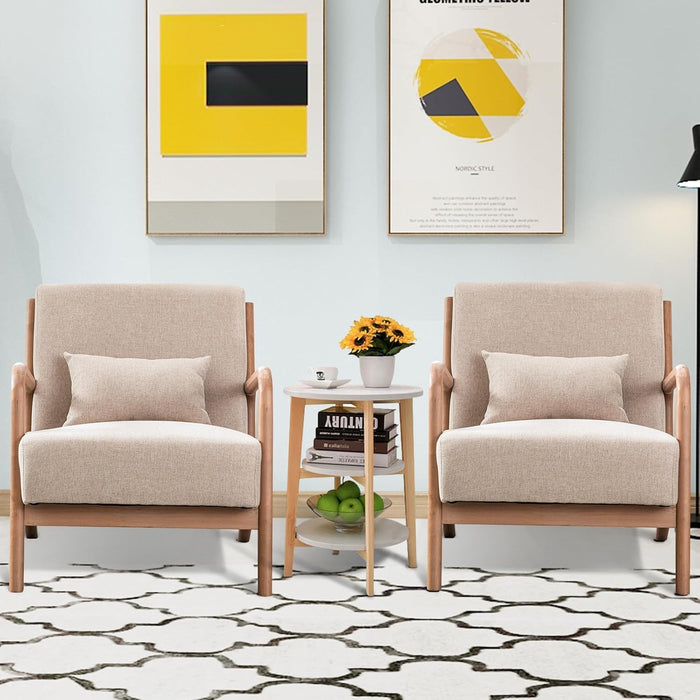 Mid Century Modern Accent Chair with Wood Frame, Upholstered Living Room Chairs with Waist Cushion, Reading Armchair for Bedroom Sunroom (Beige)