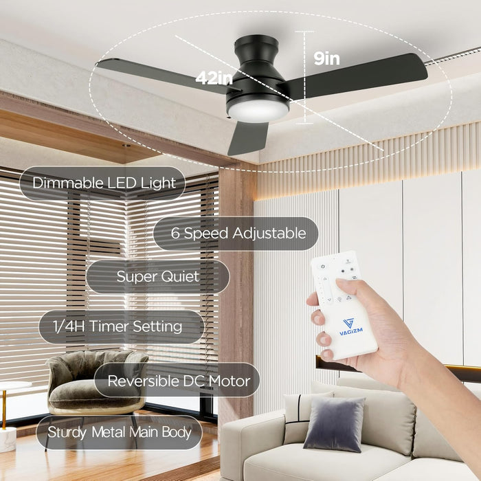 42 Inch Flush Mount Ceiling Fan with Light, Quiet DC Motor, 3CCT Dimmable LED, Low Profile for Bedroom Home Office (Matte Black)