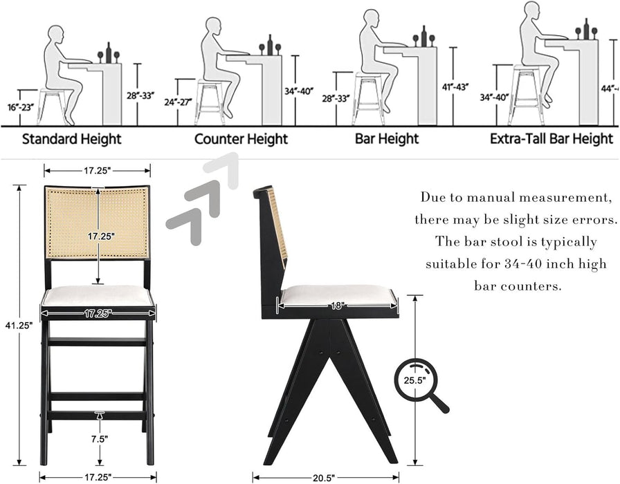 26" Rattan Bar Stools with Back Set of 4, Black Wood Counter Height Bar Stools, Upholstered Boho Cane Barstools, Fabric Bar Chairs for Kitchen Island/Designed Wooden Legs/Linen Beige