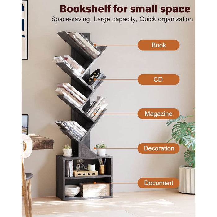 6 Tier Tree Bookshelf, Small Bookcase with Storage Cabinet, Modern Narrow Bookshelves Organizer, Floor Standing Book Shelf for Bedroom/Living Room/Home Office/Corner, Black