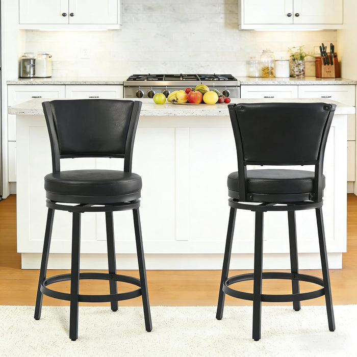 Swivel Bar Stools Set of 2, 25 Inch Counter Height Barstools, Modern Metal Swivel Bar Chairs with Backrest, Faux Leather Upholstered Counter Height Chairs for Kitchen Island, Black