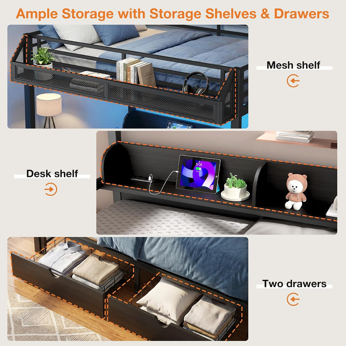 Queen Over Queen Bunk Bed WithIntegratedStorage Drawers